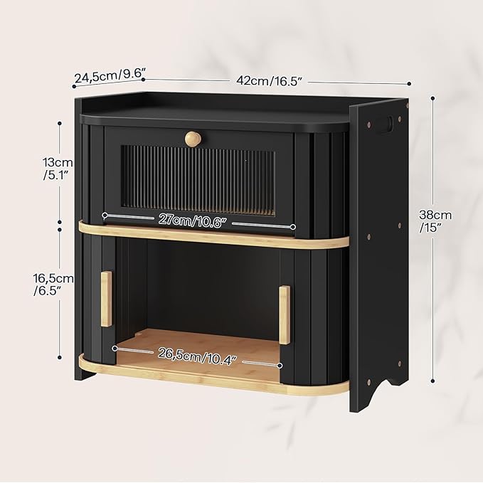 HOOBRO Bread Box, Bamboo Bread Box for Kitchen Countertop, 2 Tier Roll-Top Bread Bin, Food Storage Box, Bread Storage Container, for Kitchen, Dining Room, Black and Natural BK16MB01