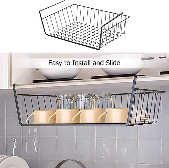 4 Pack Under Shelf Basket, Under Cabinet Organizer Shelf, Durable Metal Wire Rack Hanging Basket Storage Rack, Shelf Organizing for Kitchen/Pantry/Bathroom/Desk-Slide Arms Height:1.45in(Black)