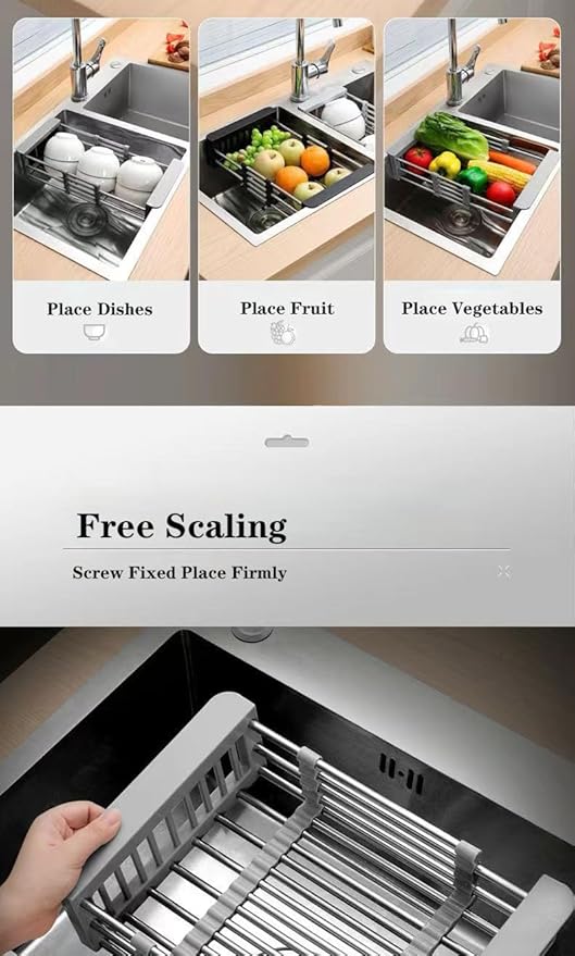 Dish Drying Rack, Kitchen Sink Colander, Expandable Colander, Stainless Steel Sink Strainer with Adjustable Boom, Suitable for Vegetables and Fruits