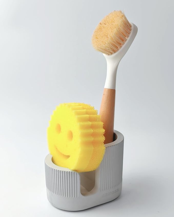 2-in-1 Diatomite Sponge Holder for Kitchen Sink, Quick-Drying Sponge and Dish Brush Holder, Absorbent Stone Sink Caddy Organizer, Light-Gray