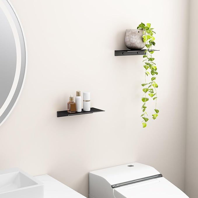 Danpoo Small Floating Shelves for Wall Storage, Mini Display Shelves for Collectibles, Metal Wall Shelves for Bathroom/Living Room/Kitchen/Bedroom(Black, 8")