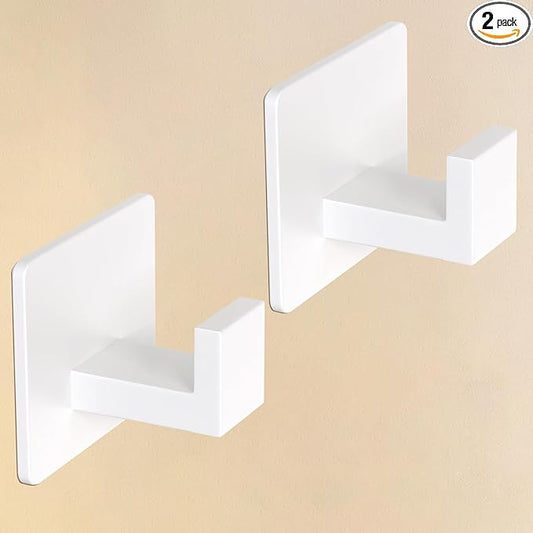 VAEHOLD Wall Towel Hooks, Heavy Duty Sticky Holder Waterproof Towel Hooks for Hanging Coat, Clothes, Closet Hook Wall Mount for Kitchen (White, 2 Pack)