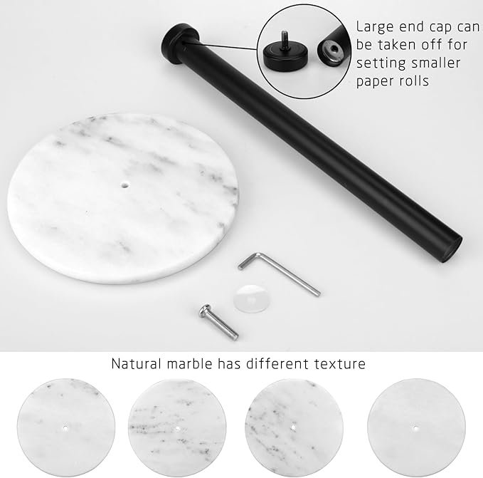 Paper Towel Holder Countertop with 7" Weighted White Marble Base - Modern Free Standing Paper Roll Holder, Matte Black Stainless Steel Stand Paper Towel Holder for Kitchen and Bathroom