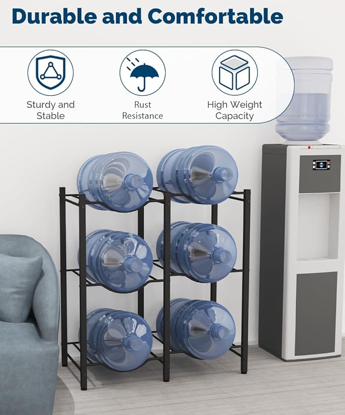 Mocomax 5 Gallon Water Jug Rack - Detachable Holder for 6 Bottles, 3 Tier Heavy Duty Cooler Rack - Organizer for Kitchen, Office, Living Room - Black