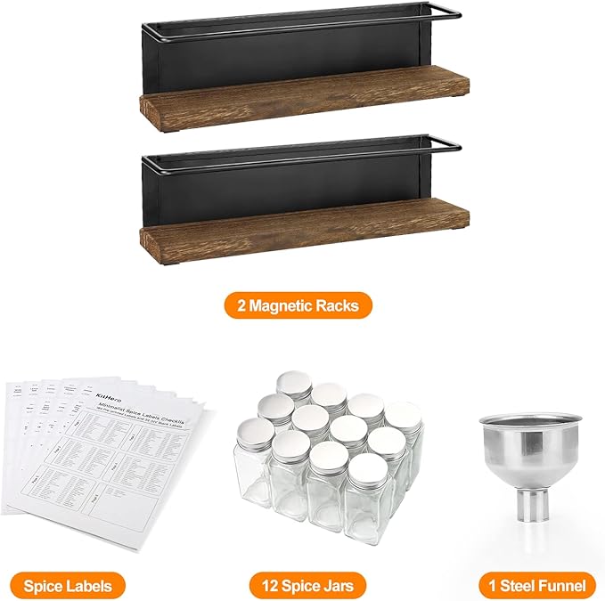 KitHero Magnetic Spice Rack Organizer with 12 Jars, 216 Labels, 1 Steel Funnel for Refrigerator，Microwave Oven - Full Set of Seasoning Organizer, Kitchen Gadgets