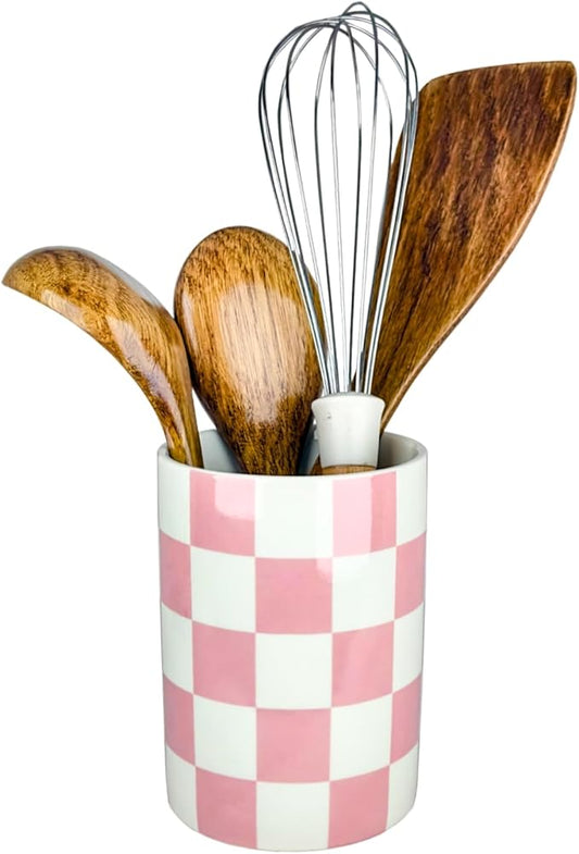 Checkered Utensil Holder, 4.13''x5.71 Utensils Caddy for Kitchen Counter, Medium Size Utensil Crock for Countertop, Utensils Organizer Storage for Parties Dining-Modern Pink and White