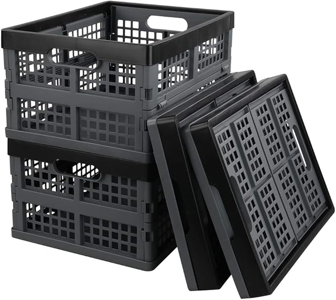 Hommp 4-Pack 15 L Plastic Collapsible Storage Crates, Stackable Storage Folding Crates