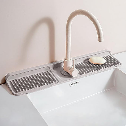 Longer Silicone Faucet Mat for Kitchen Sink – Button Style Faucet Drip Catcher & Leak-Proof Sink Splash Guard with 6° Slope, Behind Faucet Draining Mat,Gadgets for Bathroom (light gray, large)