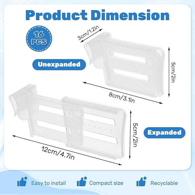16 Pcs Adjustable Clear Fridge Divider Set, Retractable Fridge Door Organizer Clip, Snap-On Refrigerator Side Door Separators Grid Dividers for Kitchen Food Small Sundries Storage
