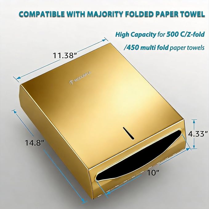 Commercial Paper Towel Dispenser Gold - Multifold Paper Towel Dispenser Wall Mount, High Capacity Stainless Steel Tissue Holder, Suitable for Bathrooms and Public Places