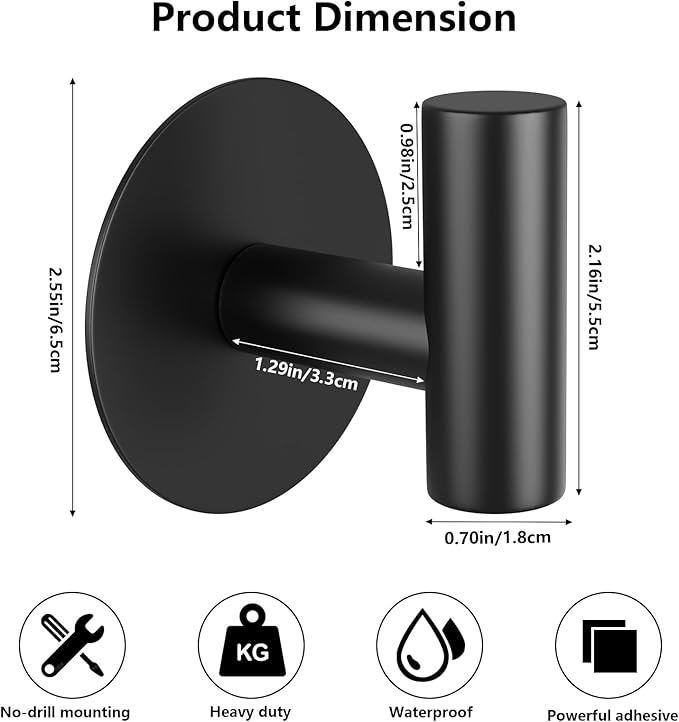 VINHOLD Self-Adhesive Coat Hooks, Stainless Steel Heavy Duty Wall Hooks, Towel Hooks for Hanging Robes, Aprons, Coats and Hats in Bathrooms,Kitchens and Hotels(2 Pack, Black)