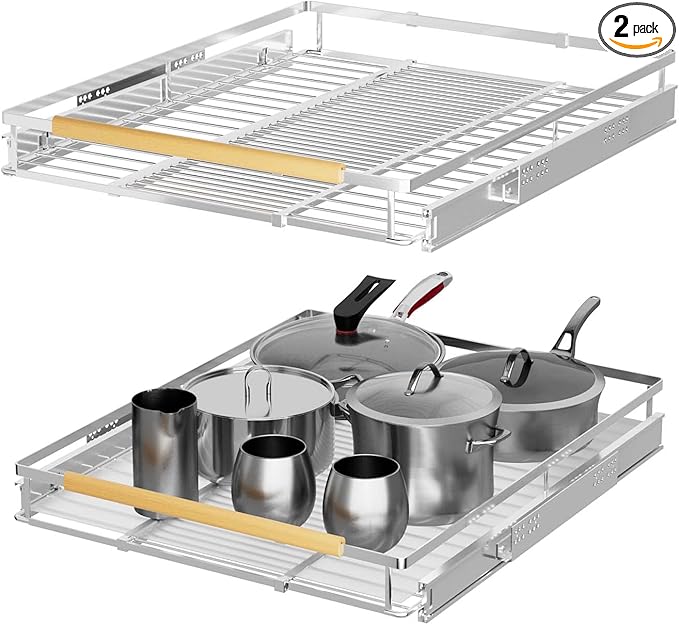 Expandable Pull Out Cabinet Organizers,Slide Out Drawers Adjustable Width W:16.9”-28” x D:22.2”,Heavy Duty Chrome Plated Gliding Cupboard Shelves for Kitchen,Pantry,Under Sink or Closet,2 Packs