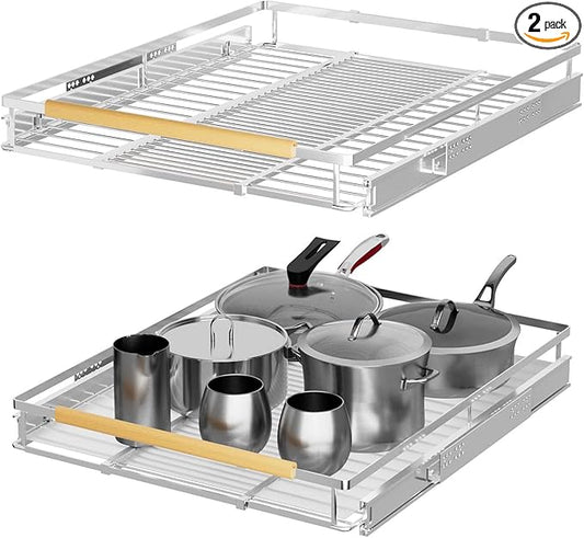 Expandable Pull Out Cabinet Organizers,Slide Out Drawers Adjustable Width W:16.9”-28” x D:22.2”,Heavy Duty Chrome Plated Gliding Cupboard Shelves for Kitchen,Pantry,Under Sink or Closet,2 Packs