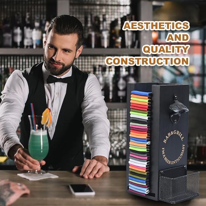 3-in-1 Can and Bottle Cooler Holder with Opener - Wooden Beer Sleeves Organizer & Dispenser - Wall Mounted Storage - Ideal for Home Bars and Parties(Black)