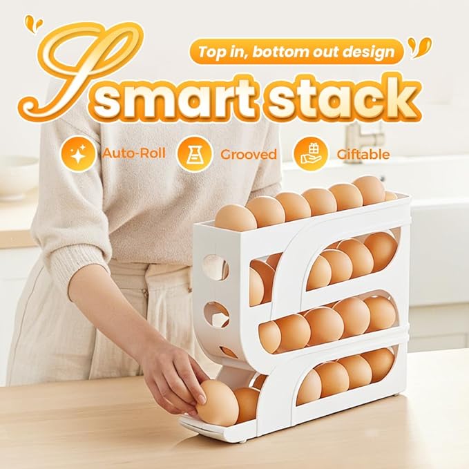 Egg Holder for Fridge, 2026 Rolling Egg Container for Refrigerator, Egg Dispenser for Refrigerator, Countertop, Kitchen, Space-Saving Kitchen Tool, Holds 30 Egg (Transparent)