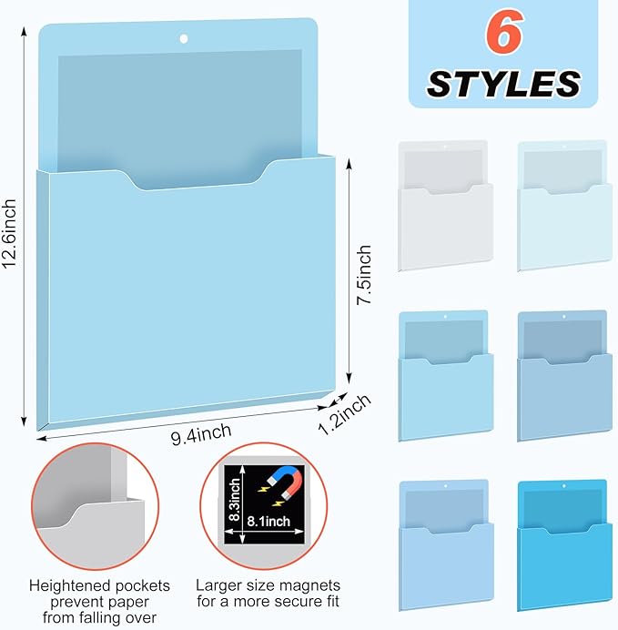 Fuutreo 6 Pcs Magnetic Wall File Organizer Magnetic Wall File Holder Refrigerator Magazine Holder for Mail Letters Paper(Ocean Color,12.2 x 9.4 Inch)