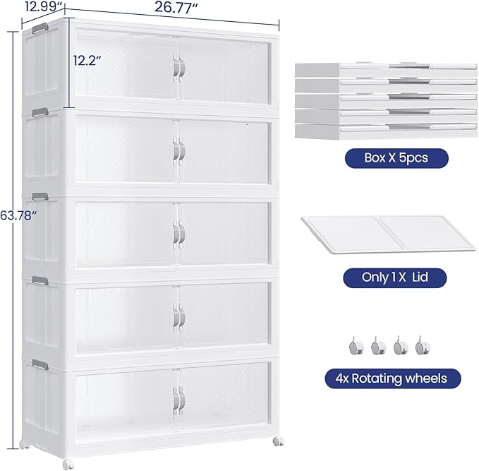 600QT Extra Large Stackable Storage Bins with Lid, 150Gal Plastic Closet Organizers and Storage Drawer, Collapsible Cabinet Box with Wheels Clear Doors for Home Kitchen Office, 5Pack White