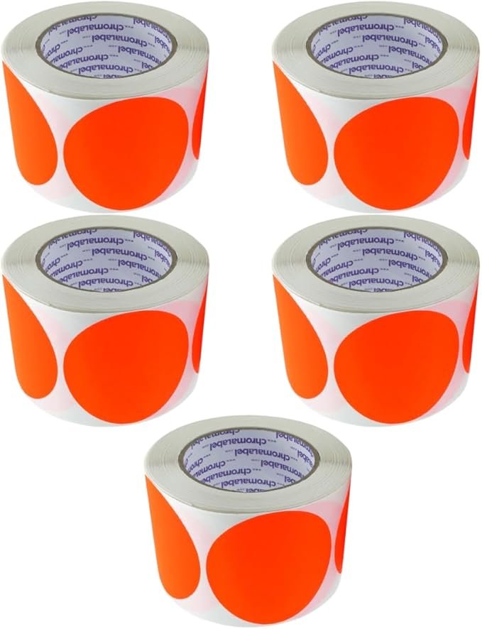 ChromaLabel 3 Inch Circle Sticker Labels, High Visibility Round Colored Stickers, Removable Sticky Dots, 500 Dot Stickers per Roll, Fluorescent Red-Orange Label Sticker - Case of 5