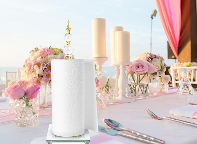 Gold Paper Towel Holder, Bling Crystal Paper Towel Roll Holder, Decorative Standing Paper Towel Holder for Kitchen Countertops Bathroom, Paper Towel Dispenser with Weighted Base (Square/Gold-A)