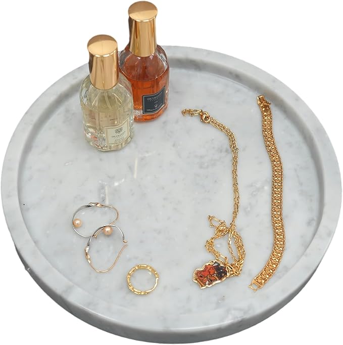 Natural Marble Bathroom Vanity Tray, Large Round Tray 9.5 inch, Carrara White Limestone Dresser Tray, Modern Countertop Organizer for Soap Dispenser, Kitchen Counter, Home Decor