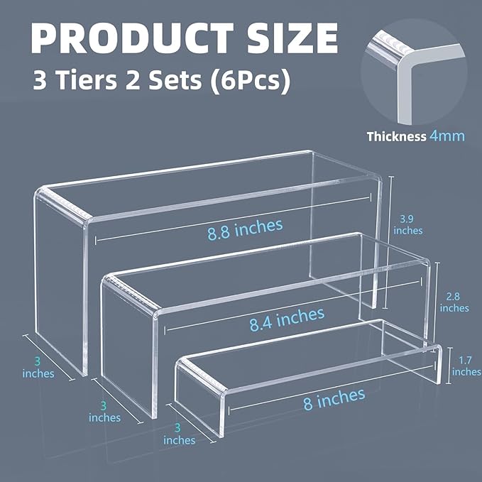 Goabroa Acrylic Display Risers, 2 Sets 6 Pcs Rectangular Risers Display Stands, 4mm Thick Display Stands for Vendor Events, Acrylic Shelves for Lego Display, Cupcake, Perfume