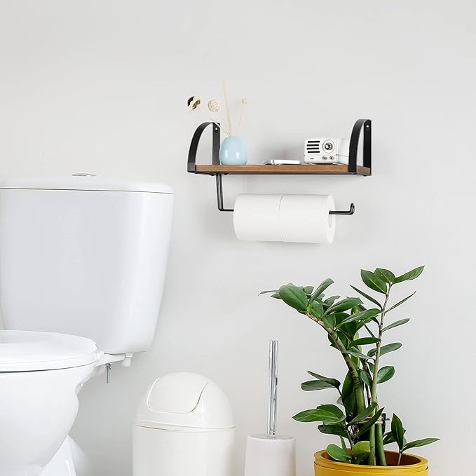 BTY Paper Towel Holder Wall Mount Farmhouse Wood Paper Towel Holder with Shelf Hanging Paper Towel Roll Rack Under Cabinet Spice Rack for Kitchen Bathroom Organizer Rustic Brown