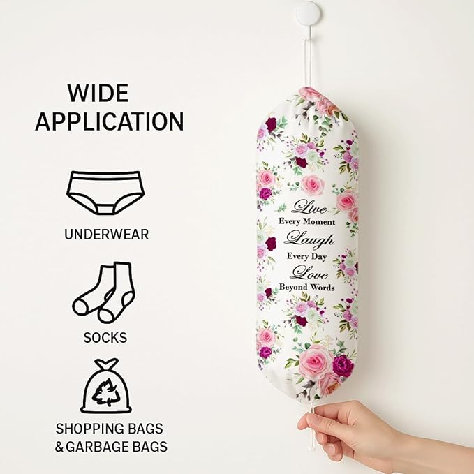 Plastic Bag Holder, Live Every Moment Laugh Every Day Love Beyond Words Plastic Bag Holder for Kitchen Essentials, Reusable Hanging Grocery Sack Dispenser, Floral Trash Sack Storage Dispenser