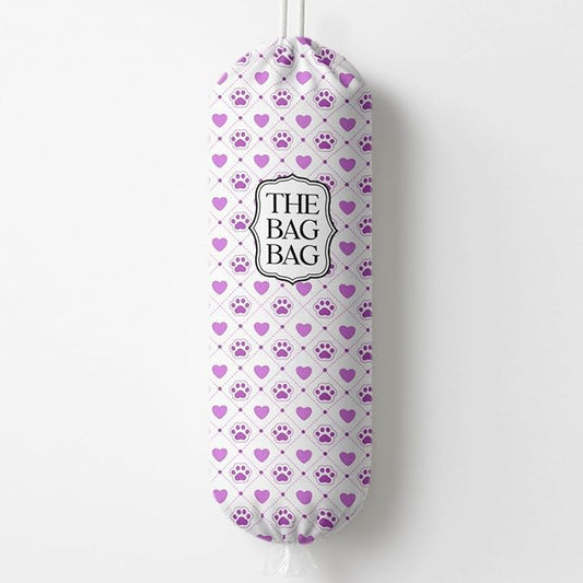 The Bag Bag Grocery Bags Holder, Purple Paw & Heart Pattern Grocery Bags Holder Organizer for Shopping Sack, Reusable Hanging Trash Sack Dispenser, Kitchen Gift for Women Family Friends Grandma Mom