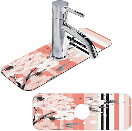 Petals Stripe Kitchen Faucet Mat Splash Guard, 15.4”x5.7” Absorbent Quick Drying Sink Mat for Countertop Protection, Draining Mat Sink Protectors For Kitchen Bathroom, 1 Pack