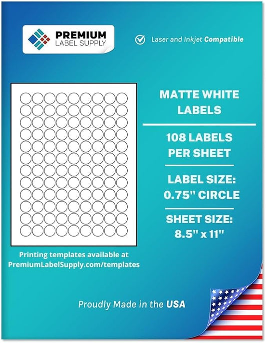 Premium Label Supply White Sticker Round Labels – 0.75" Circle – Laser/Inkjet Compatible – (108 per Sheet), 25 Sheets – 2,700 Total Adhesive Labels