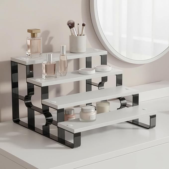 Cologne and Perfume Display Shelf,4 Tier Makeup Organizer for Bathroom Decor,Spice Rack for Kitchen,Bedroom, Bathroom Countertop OrganizerWood(White,4 Tiers-Width=11.2")