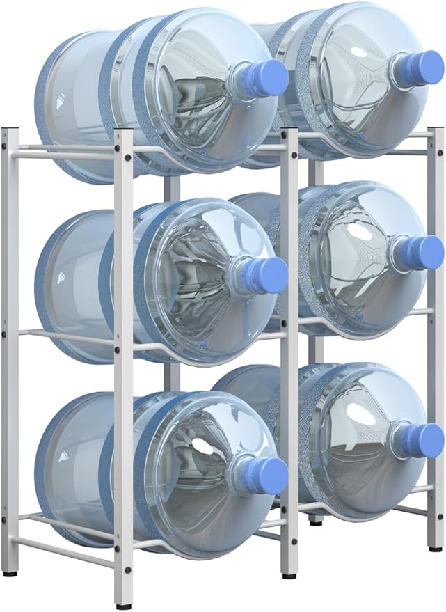 Mocomax 5 Gallon Water Jug Rack - 3 Tier Heavy Duty Cooler Rack, Detachable Bottle Holder for 6 Bottles, Organizer for Kitchen, Office, Living Room, White