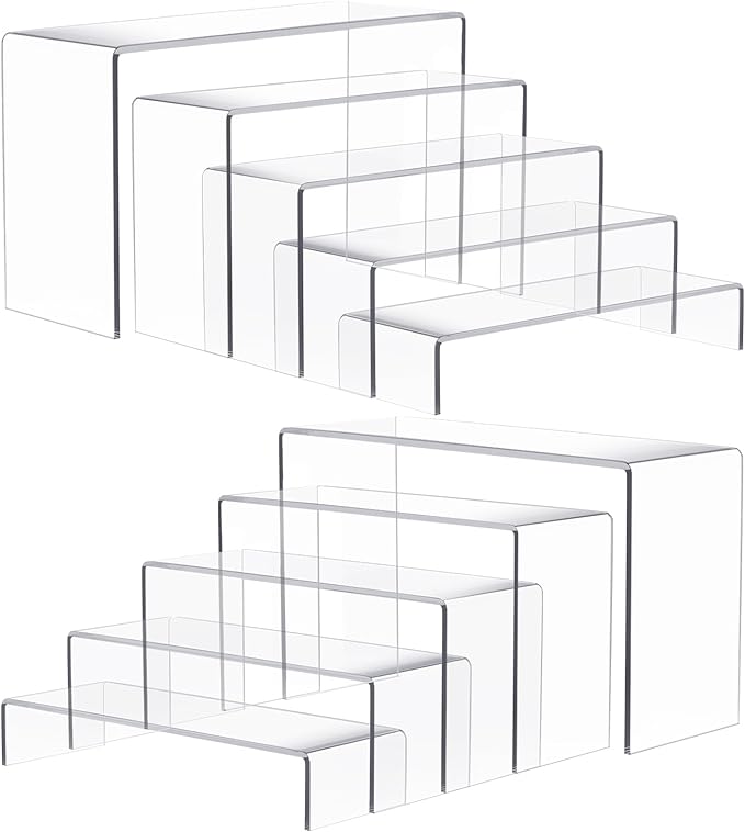 Anglelife 10 Pcs Acrylic Risers, 2 Set 5 Size Rectangular Large Display Risers Shelf, Clear Acrylic Display Stand Cupcake Stand, Display Shelves for Funko Pop Retail Shoe Showcase