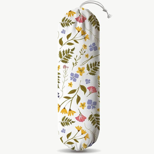 Weeds Plastic Bag Holder, Reusable Washable Shopping Bags Storage Carrier, Floral Fabric Garbage Trash Bag Dispenser for Home Kitchen Pantry Cabinet, Wall Mount, Kitchen Housewarming Gifts