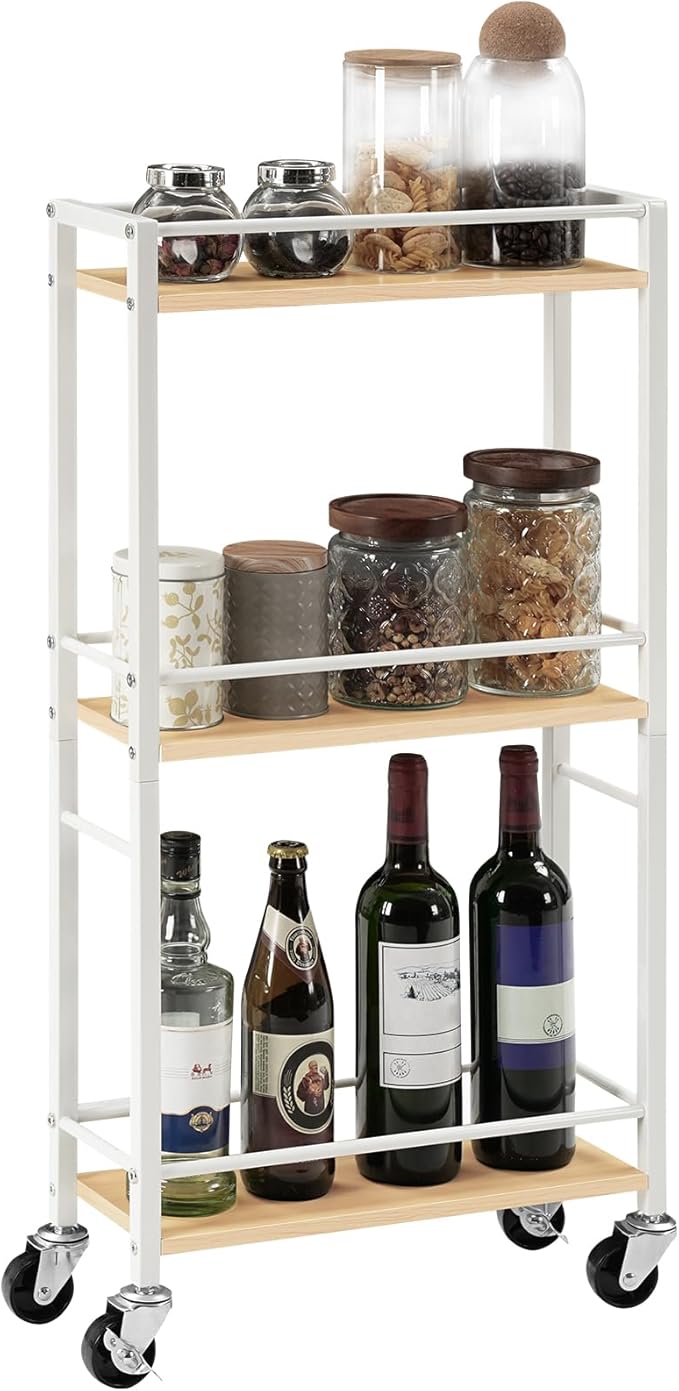 MAHANCRIS Slim Rolling Cart, Mobile Kitchen Cart on Wheels, Narrow Storage Cart for Small Space, Wooden Kitchen Storage Rack, for Bathroom, Laundry, Living Room, White RCBN1501