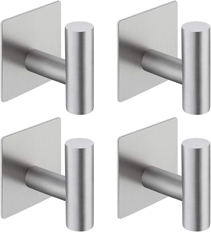 kesink Adhesive Towel Hook 4 Pack, Bathroom Wall Hooks, Sticky Coat Hooks for Hanging, Closet, Robe Hook SUS304 Stainless Steel Brushed, BTH7204-2-P4