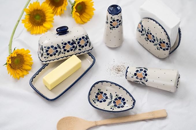 Blue Rose Polish Pottery - Yellow Sunflower Napkin Holder - 5" x 5" - Ceramic Napkin Holders, Decorative Dining Table Accessories