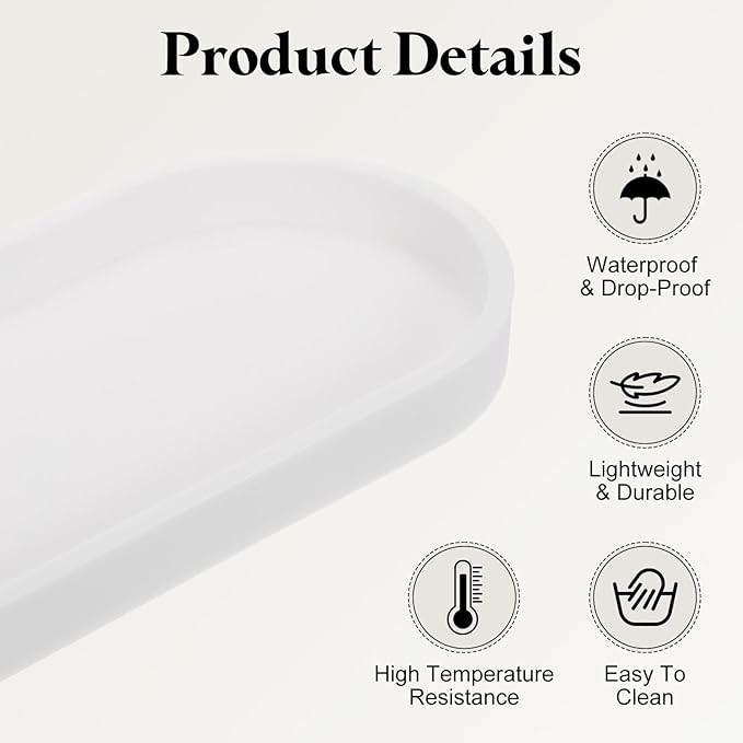 uxcell Bathroom Vanity Tray, 9.8" x 4" Oval Silicone Soap Dispenser Trays, Shatterproof Kitchen Sink Organizer for Soaps Keys Candle Trinket, White