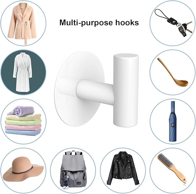 VINHOLD Heavy Duty White Towel Hooks, Stainless Steel Adhesive Coat Hooks for Bags, Towels, Robes, Hats, Aprons – No Drill Bathroom, Kitchen, Hotel Wall Hooks (2 Pack)