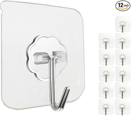 Jwxstore 12 Pack Heavy Duty Self Adhesive Hooks - 33lb Max, Transparent, Waterproof, Sticky Wall Hooks for Keys, Bathroom, Shower, Outdoor, Kitchen, Door, Home Improvement, Utility | Heavy Duty, 33lb Max, Waterproof, for Keys, Bathroom, Shower