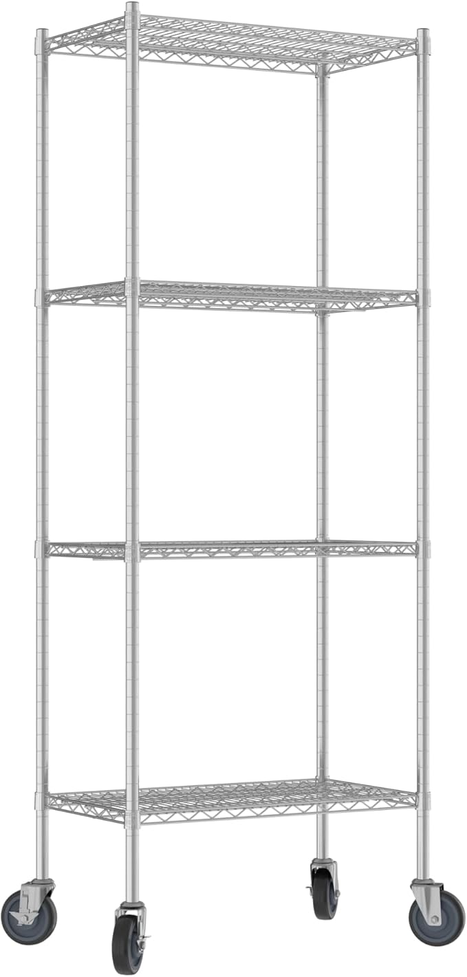 Commercial NSF Listed Chrome Mobile Wire Shelving Kit 18" x 30" x 80", with 4 Shelves Perfect for Warehouse, Walk-in Refrigerator, Freezer, Grocery Store, Restaurant, Dishroom