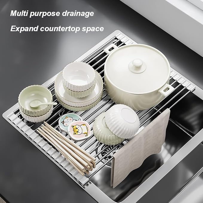 Roll Up Dish Drying Rack Over Sink Drying Rack Sink Cover Kitchen Sink Accessories Multipurpose Organizer Foldable Stainless Steel Drainer (18 Rods)