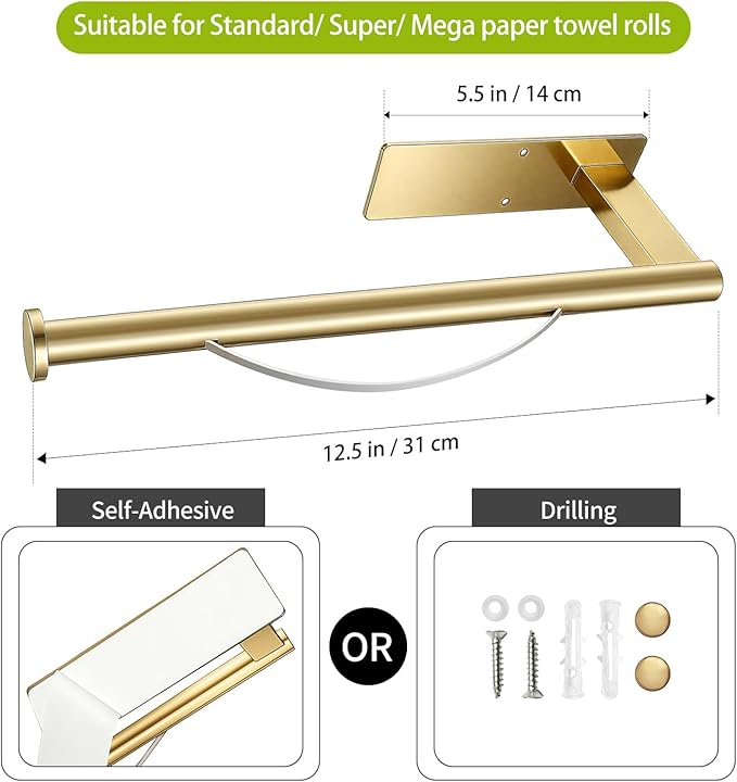 Paper Towel Holder Under Cabinet, Single Hand Operable Tearing Off Paper Towels with Damping Effect, Both Available in Adhesive and Screws, Stainless Steel (Gold)