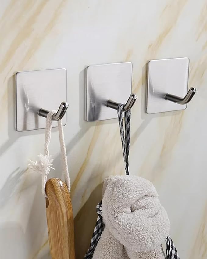 EDMILE 8 Pack Adhesive Wall Hooks, Self-Adhesive Hooks for Bathroom, Door Back Stick-On Towel Hooks, Hanging Coat Hat Key Washcloths Aprons Oven Mitts for Kitchen Shower Garage Home, Silver