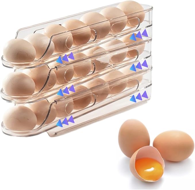 Egg Holder for Fridge,Stackable 1-4 Tiers Container,Auto Rolling Fridge Organizer for Refrigerator,Space-Saving Dispenser Holder,Refrigerator Egg Rack Transparent (3 Packs)