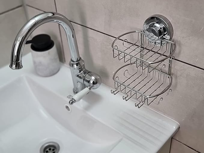 Soap Dish for Shower Suction Cup Powerful Vacuum System Rustproof 304 Stainless Steel Basket Sponges Holder with Razor Hooks for Bathroom or Kitchen Soap Holder, 2 Tier (Silver)