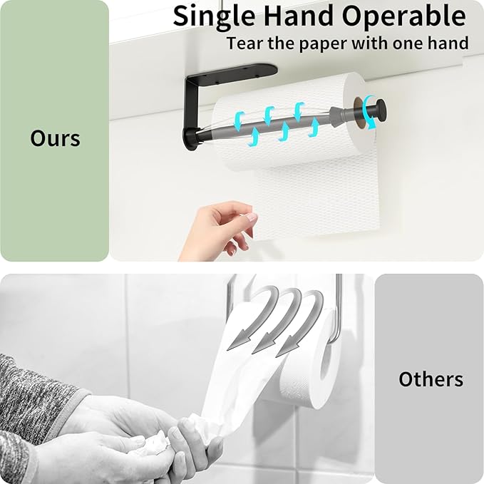 Fixwal Paper Towel Holder Under Cabinet, Single Hand Operable Wall Mount Paper Towel Holder with Damping Effect, Bend-Resistant, Self-Adhesive or Drill Mounting for Kitchen Bathroom, Black