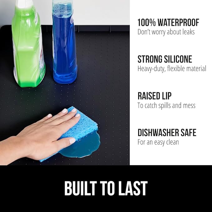 GORILLA GRIP Waterproof Silicone Under Sink Mat with Raised Lip for Kitchen and Bathroom, 28 x 22 in, Cabinet Shelf Liner Stay in Place Mats Dishwasher Safe Drawer Liner, Organizer Tray, Black