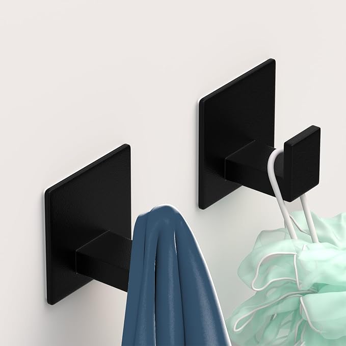 VINHOLD Adhesive Shower Hooks, Towel Hooks for Hanging Robe, Coat, Hat, Loofah, Heavy Duty Wall Hooks Stick on Bathroom, Kitchen and Office (2 Pack, Black)
