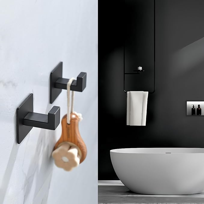 Linatikou Matte Black Adhesive Hooks, 2-Pack Stainless Steel Right Angle Hooks for Towels, Robes, Hats - No Drill Bathroom & Kitchen Organization, Rust-Proof for Smooth Surfaces